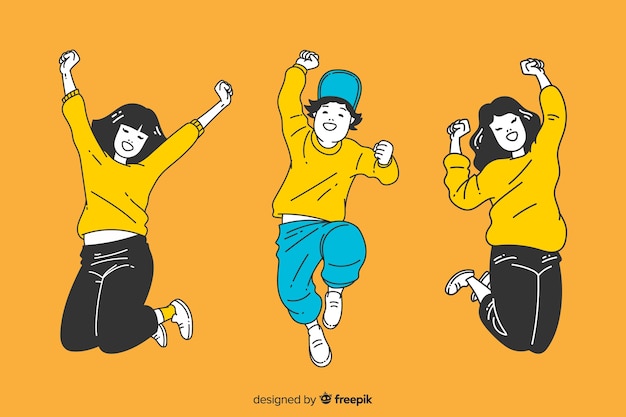 Jovens pulando no estilo de desenho coreano