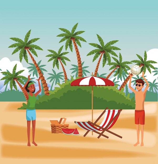 Jovens se divertindo na praia dos desenhos animados