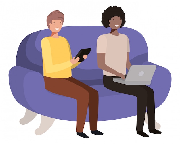 jovens sentados no personagem de avatar de sofá