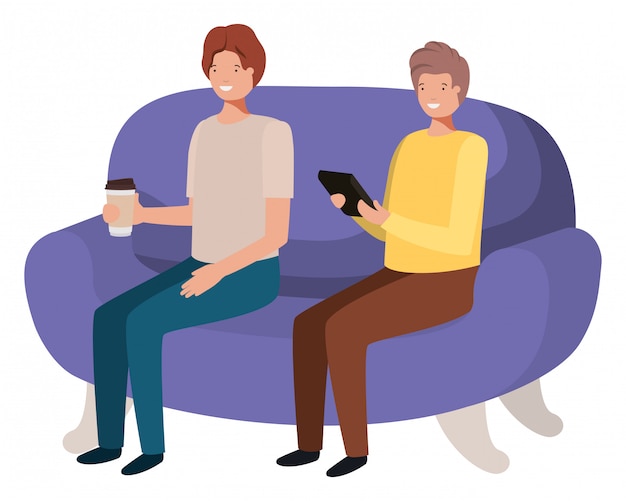 jovens sentados no personagem de avatar de sofá