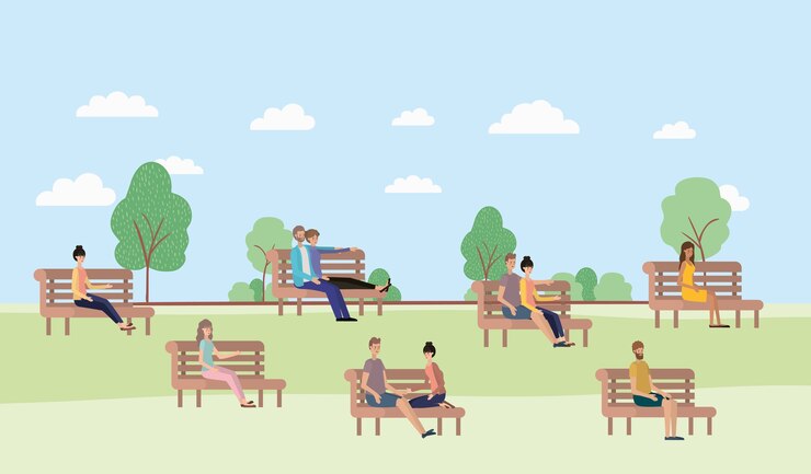 Vetor jovens, sentando, parque, cadeira