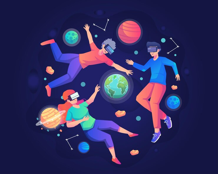 Vetor jovens usando fones de ouvido vr flutuando no espaço sideral entre os planetas do metaverso