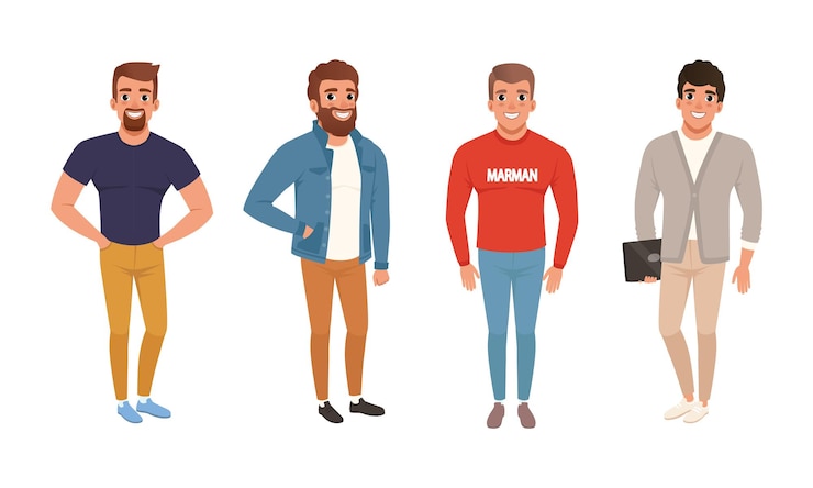 Vetor jovens vestidos com roupas casuais e à moda montam um pacote de roupas de estilo de rua caras vestindo roupas de moda ilustração vetorial de estilo de desenho animado