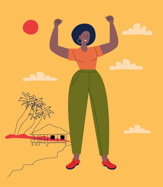 Joyful Afro Girl on Beach Vibes de Verão Palmeiras e Cabana do Mar Ilustração vetorial Design de moda