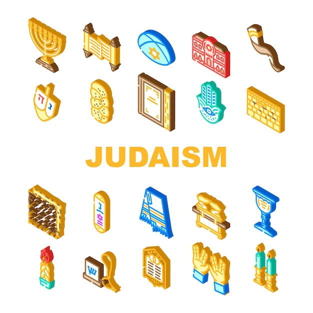 Vetor judaísmo religião judaico conjunto de ícones vetor judeu israel sinagoga hanukkah estrela hanuka pessoas israelense hebraico holocausto judaísmo religião judaico sinal isométrico ilustrações