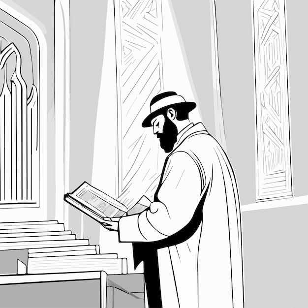Judeu religioso lê a Torá na sinagoga ilustração vetorial feriados judaicos conceito
