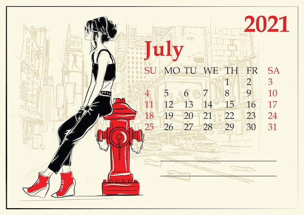 Julho. calendário com menina da moda no estilo de desenho.