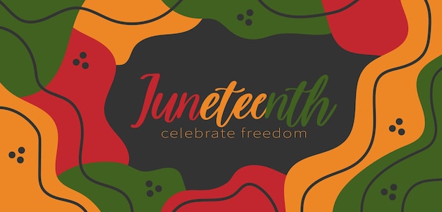 Juneteenth design de banner horizontal abstrato com formas orgânicas verdes amarelas vermelhas brilhantes aleatórias