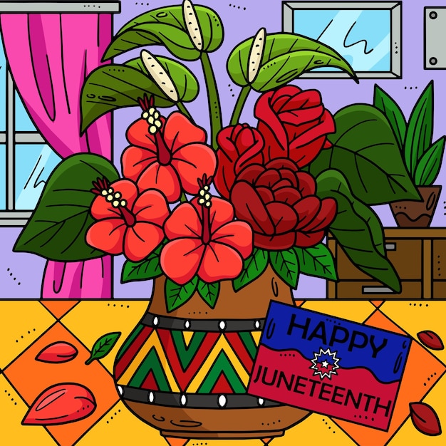 Vetor juneteenth flores vermelhas desenho animado colorido