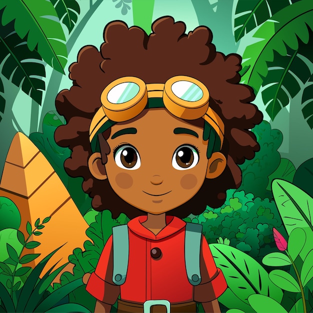 Vetor jungle adventure black girl personagem animado desenhado à mão mascote adesivo de personagem de desenho animado