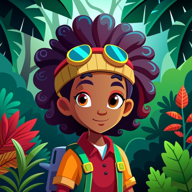 Vetor jungle adventure black girl personagem animado desenhado à mão mascote adesivo de personagem de desenho animado