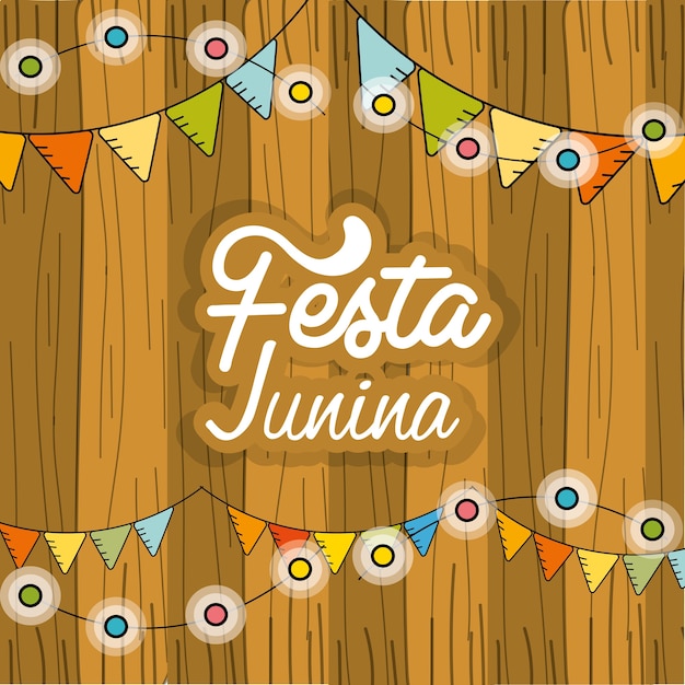 Vetor junina de festa com lâmpadas de corrente e fundo de madeira