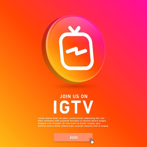 Vetor junte-se a nós no instagram igtv em 3d com botão da web e ícone do cursor do mouse para logotipos de ícones de mídia social