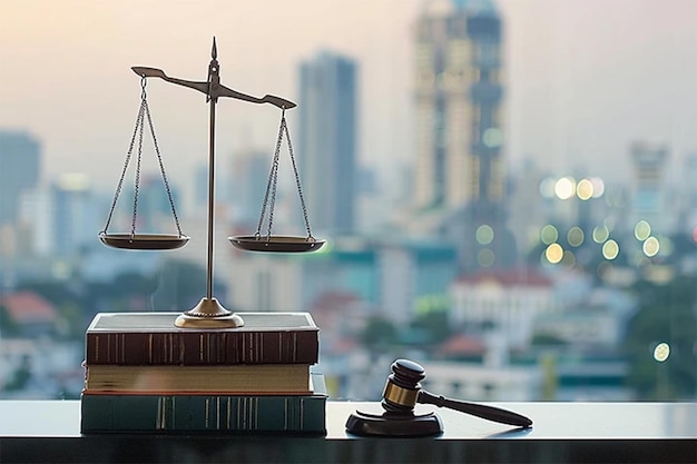 Justiça balanças e livros e martelo de madeira martelo balança de justiça e livro de direito na mesa
