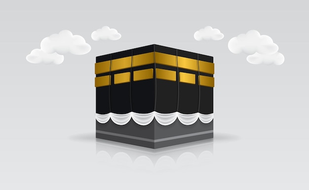 Kaaba islâmica com nuvens brancas 3d no chão brilhante