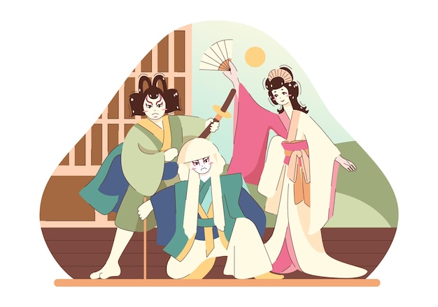 Kabuki forma clássica de teatro japonês Atores em uma cena vestindo
