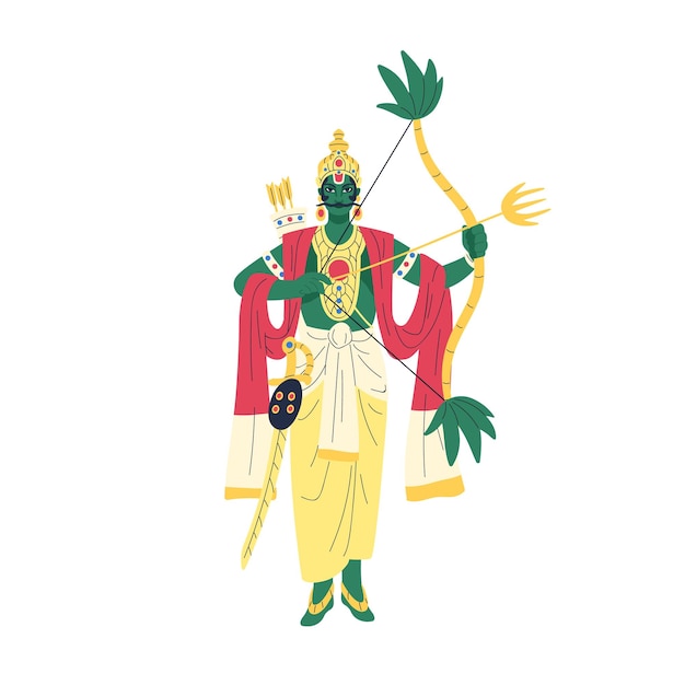 Kamadeva, deus indiano do amor e do desejo. kama, personagem arqueiro divino hindu com arco e flechas. estátua da divindade do hinduísmo. antiga divindade da índia. ilustração em vetor plana isolada no fundo branco.