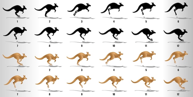 Vetor kangaroo run cycle animação frames loop animação seqüência sprite sheet