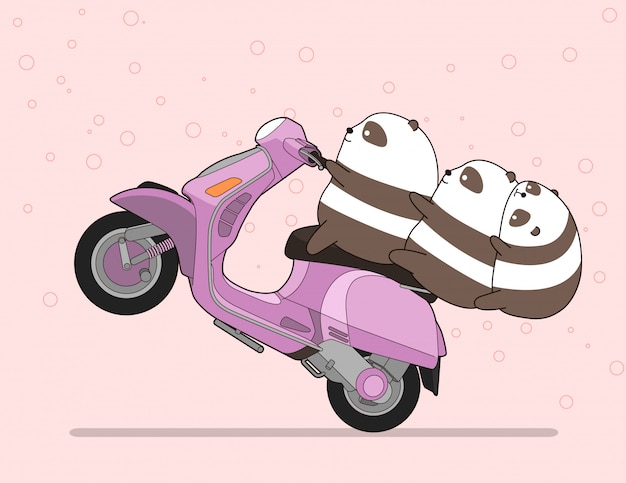 Vetor kawaii 3 pandas está andando de moto.