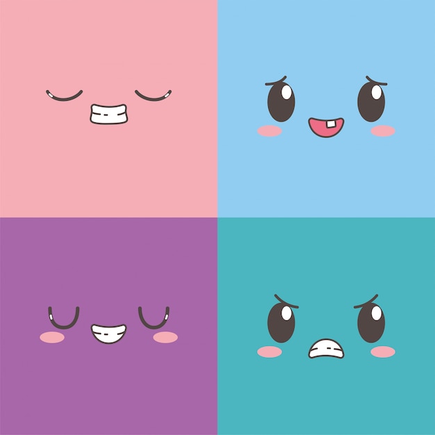 Vetor kawaii adorável expressão facial emoticon conjunto de caracteres dos desenhos animados