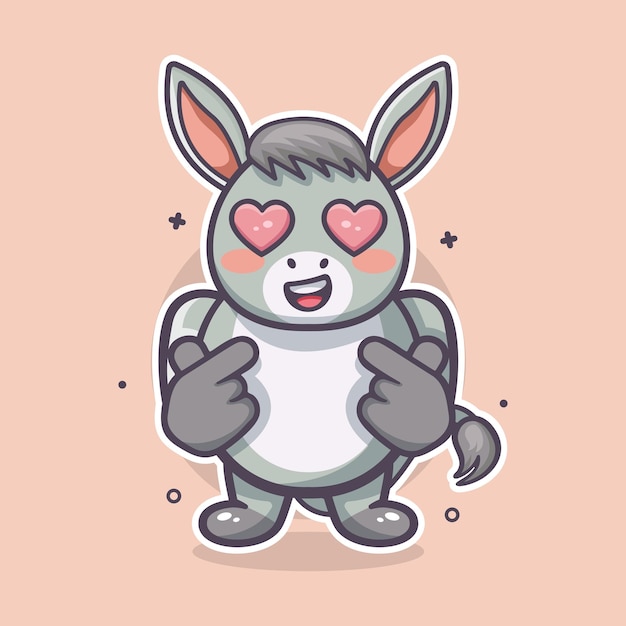 Kawaii asno animal personagem mascote com amor sinal de mão gesto desenho animado isolado