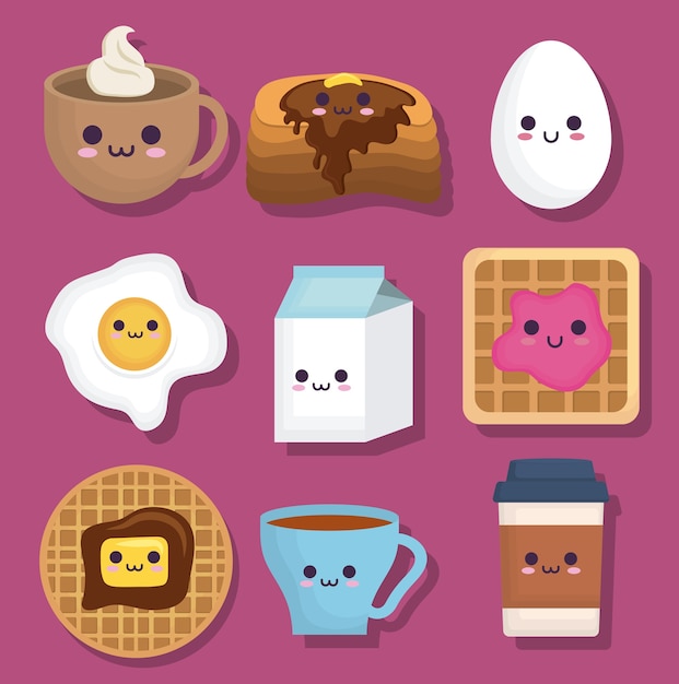 Kawaii breakfast food related icons