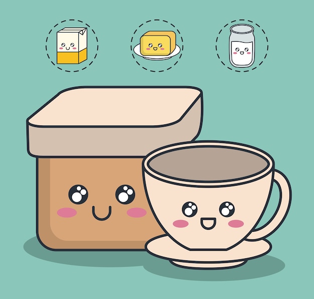 Kawaii breakfast food related icons