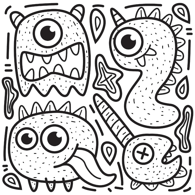 Kawaii cartoon doodle desenho para colorir ilustração de monstros