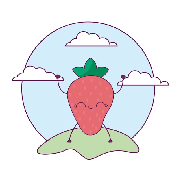 Kawaii de fruta morango na paisagem