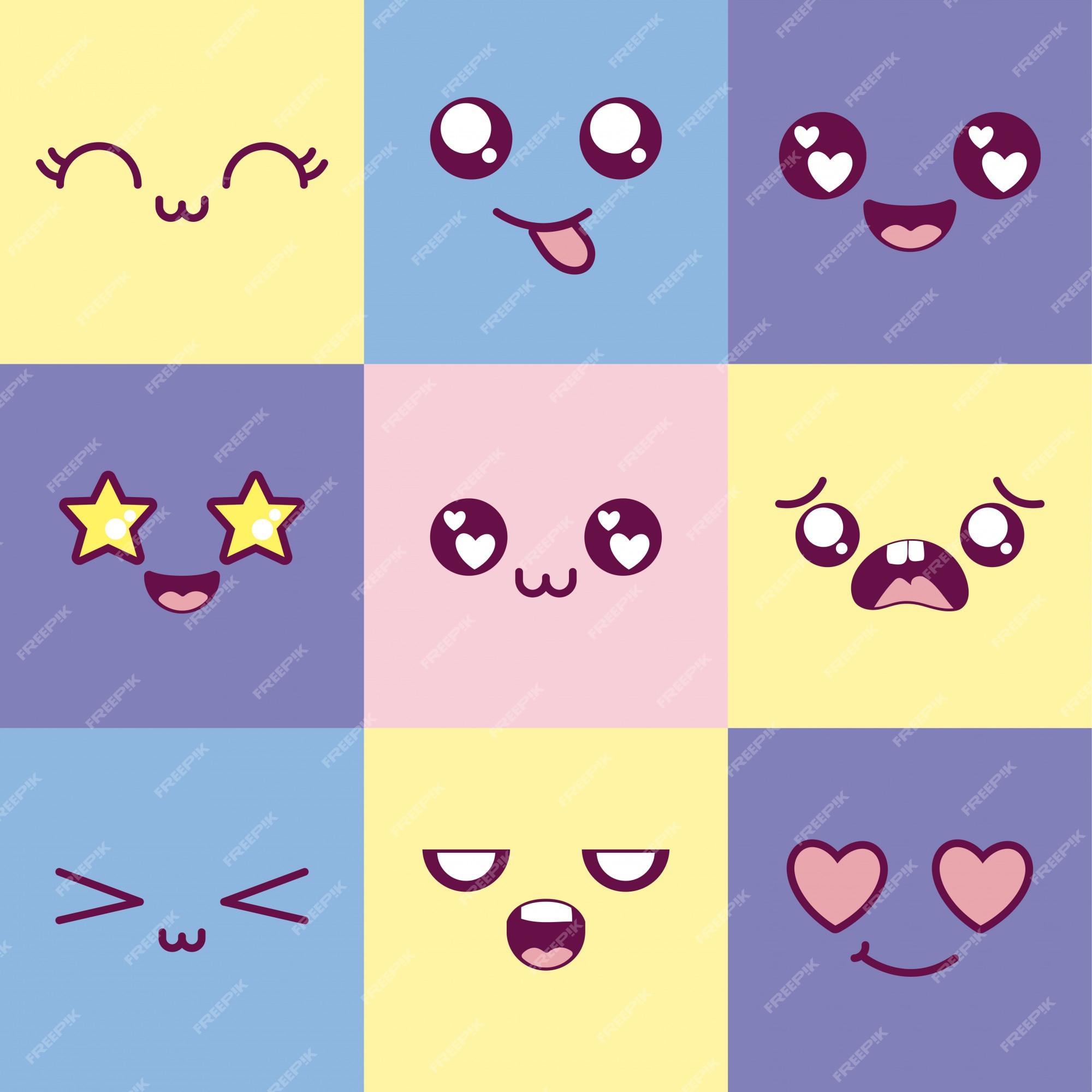 emojis rostos de desenhos animados kawaii 1236424 Vetor no Vecteezy