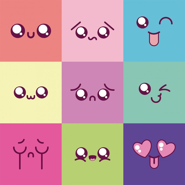 Kawaii desenhos animados emoticons coloridos conjunto vector