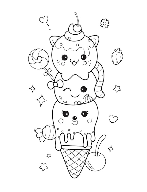 Vetor kawaii food ice cream coloring page