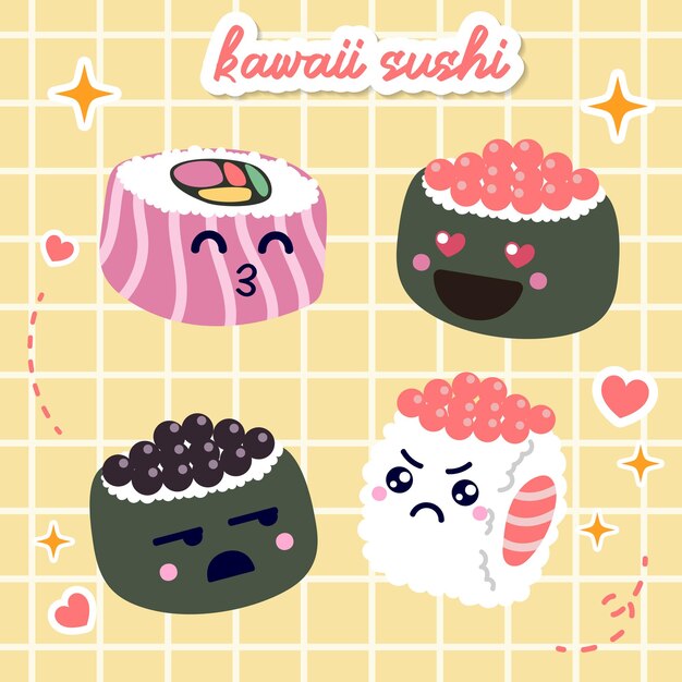 Kawaii food sushi ilustração plana de desenho animado Japão estilo de vetor de mangá