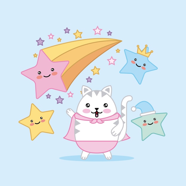 Kawaii gato bonito e engraçado estrelas ilustração vetorial de desenhos animados