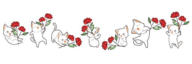 Kawaii gatos estão segurando flor