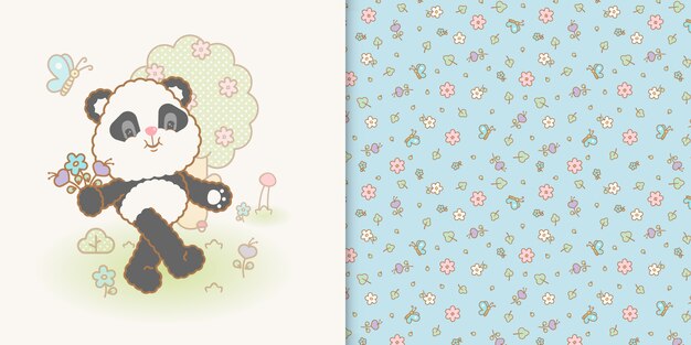 Kawaii kawaii urso panda e flor sem costura padrão