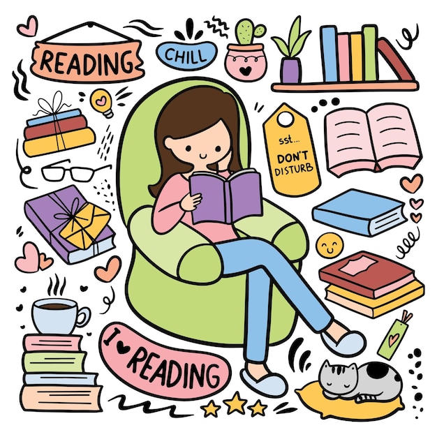 Kawaii mão desenhada lendo livro passatempo doodle ilustração vetorial