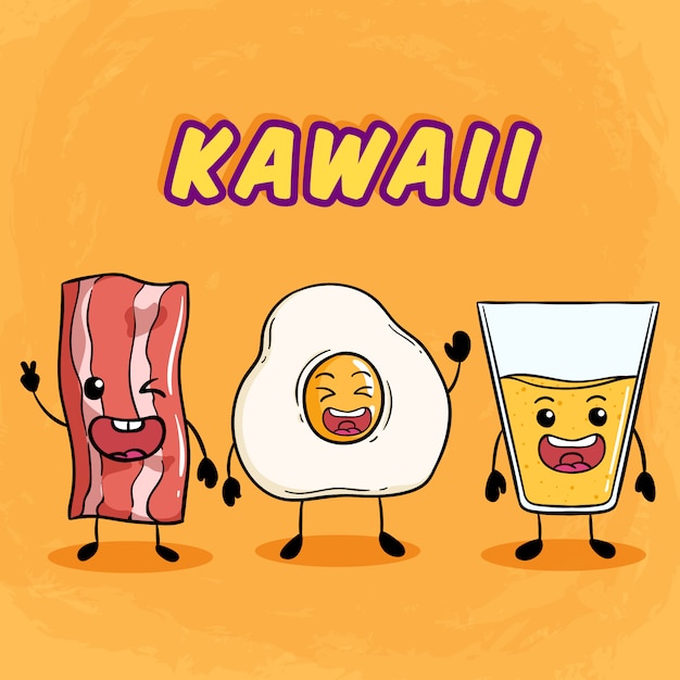 Kawaii ou bonito café da manhã com bacon ovo frito e suco de laranja em laranja