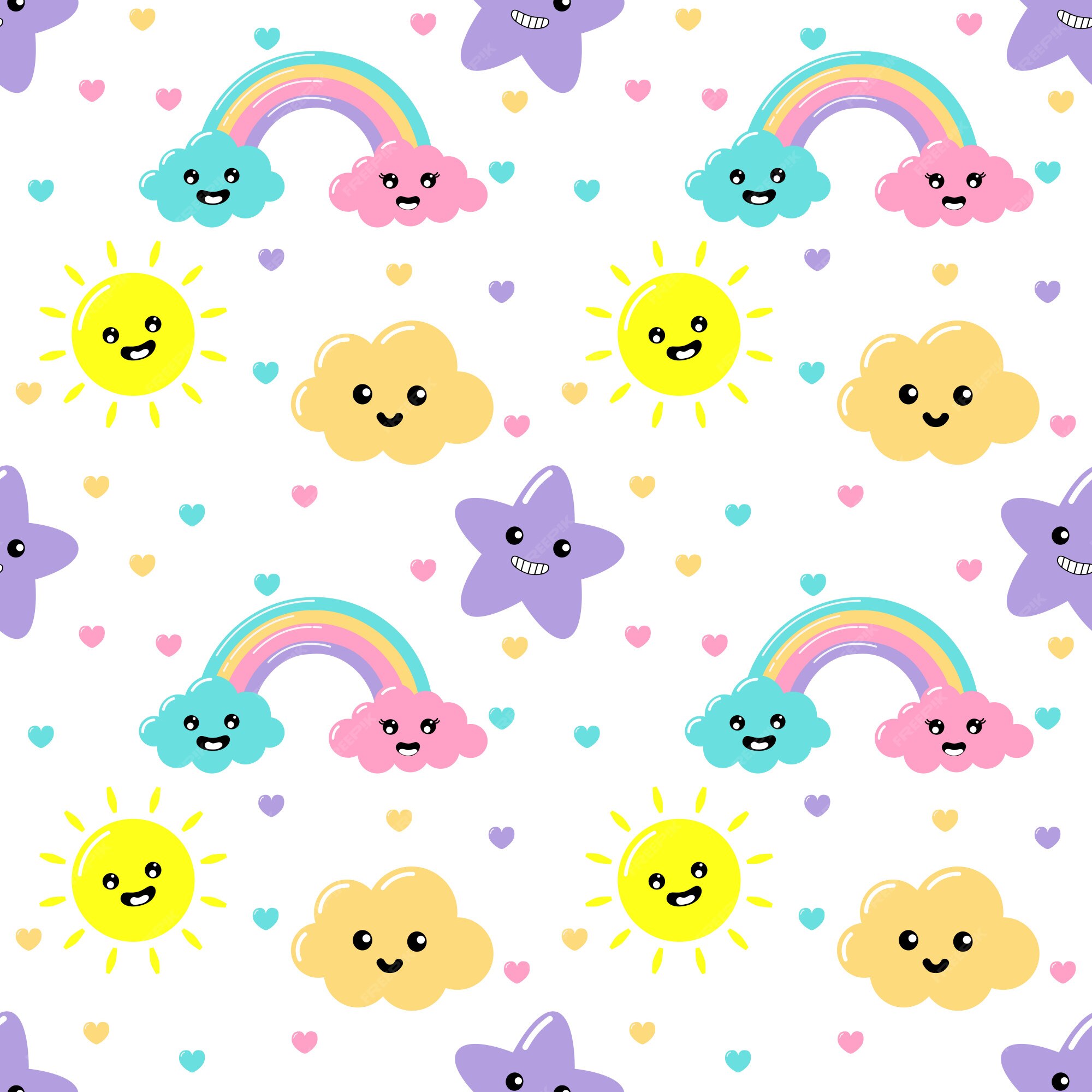 Vetores de Padrão Perfeito Arcoíris E Nuvens Kawaii Fundo De Papel De Parede  Kawaii Abstrato Bonito Cores Pastel Rostos Engraçados Desenho Animado  Conceito Para Crianças E Creches Ou Apresentação E Dia De