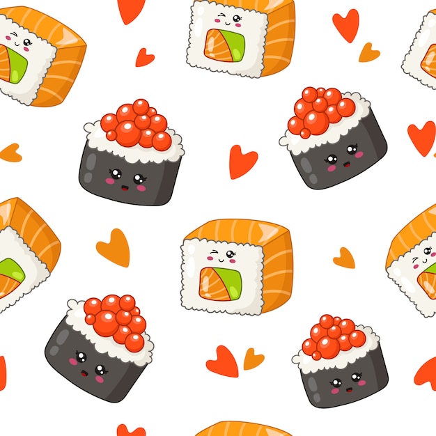 Kawaii sushi, rolos, pauzinhos, folhas de bambu - sem costura padrão ou plano de fundo, desenhos animados emoji