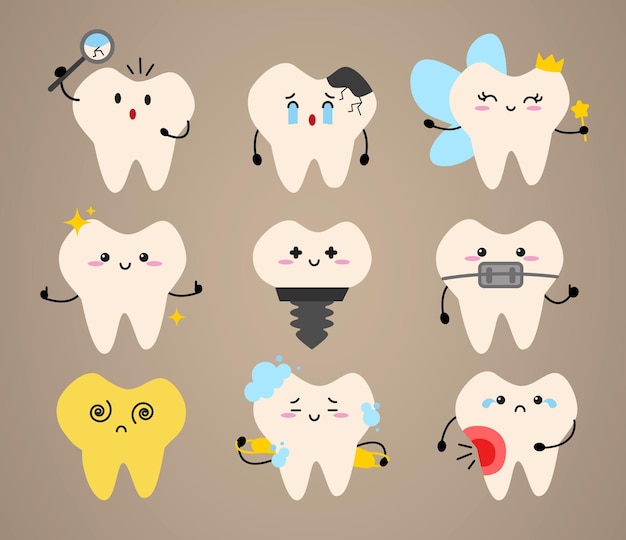Kawaii Teeth Set Cute Dental Cartoon Characters Templates para odontologia infantil para sites e redes sociais