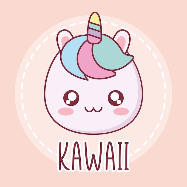 Kawaii unicórnio desenho animado animal, expressão personagem fofa engraçado e tema emoticon