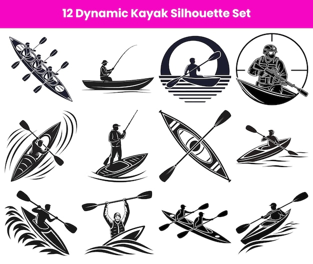 Kayaking Silhouettes Set Paddling Fishing Team Rowing Soldier em Boat Vectors