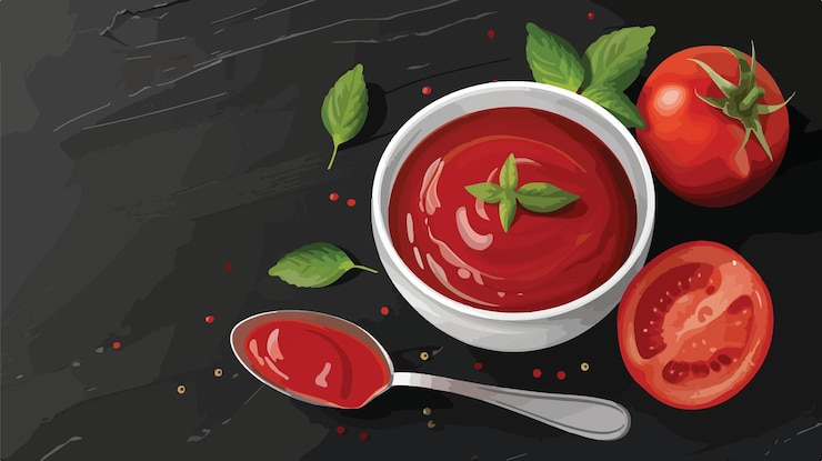 Vetor ketchup orgânico fresco em tigela com tomate e colher em fundo preto