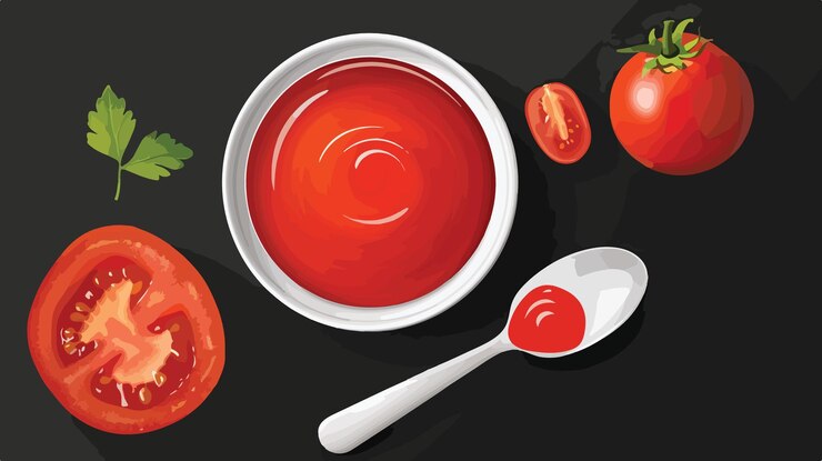 Vetor ketchup orgânico fresco em tigela com tomate e colher em fundo preto