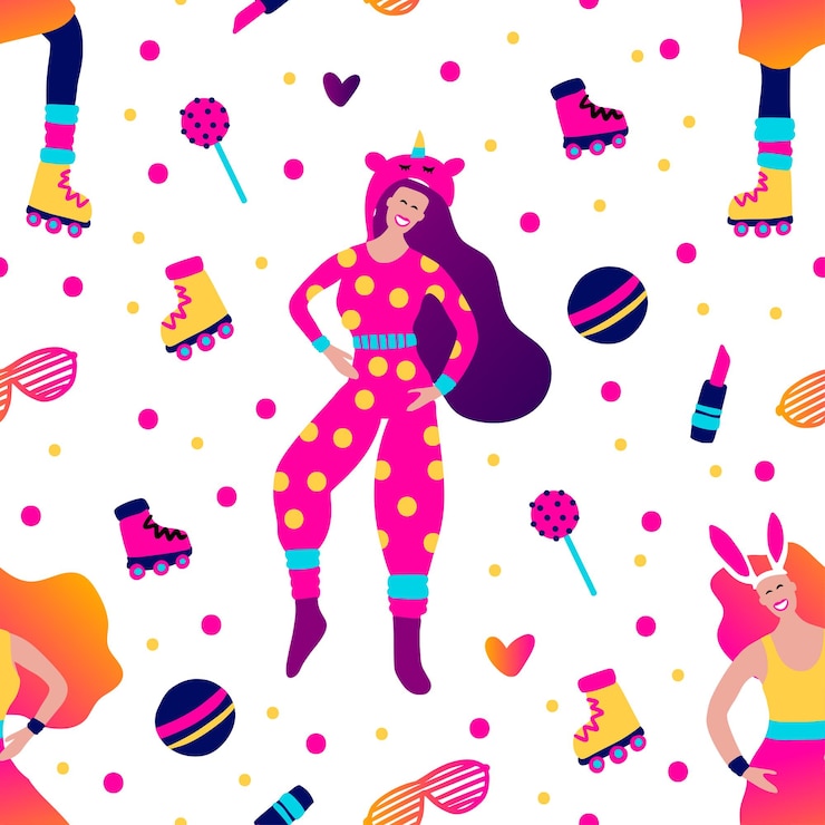 Vetor kidult brincadeira pijama festa padrão sem costura vetor humano dos anos 80