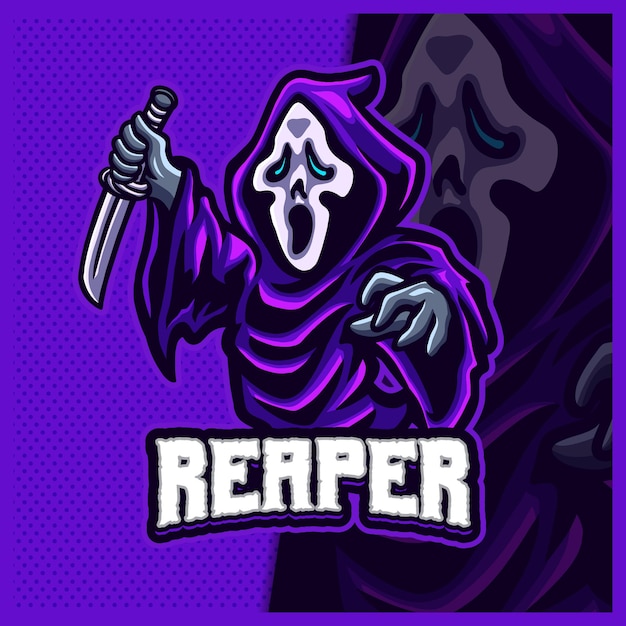 Killers hood reaper com brilho na cor azul esport e logotipo do mascote esportivo com ilustração moderna