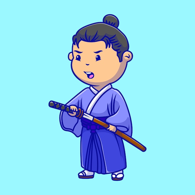Kimono Boy Holding Katana Sword Desenho animado Ilustrações vetoriais Conceito de desenho animado plano