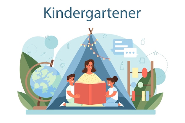 Kindergartener. nany profissional e crianças fazendo atividades diferentes. linda criança brincar com brinquedos. creche, educação pré-escolar. ilustração vetorial