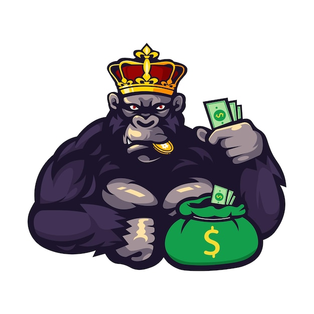 King gorilla segurando o vetor de ilustração de design de logotipo de mascote de dinheiro com fundo transparente